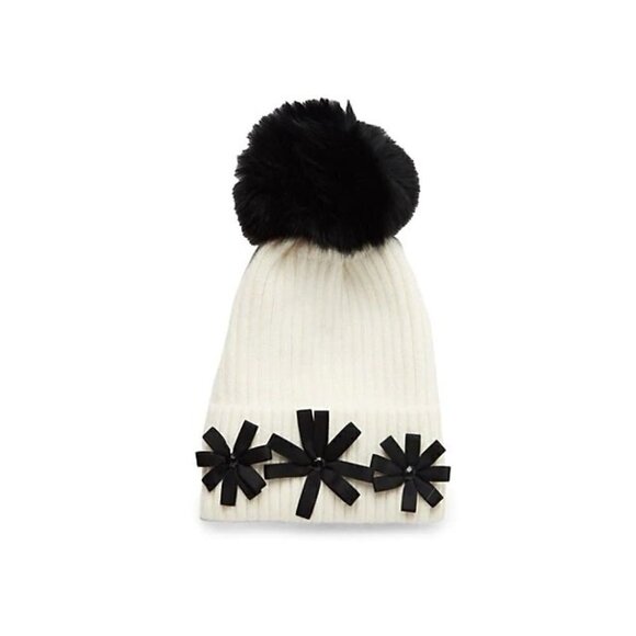 New - GLAMOURPUSS NYC Arctic Fox Fur Knit Beanie Hat White Black - Picture 1 of 3